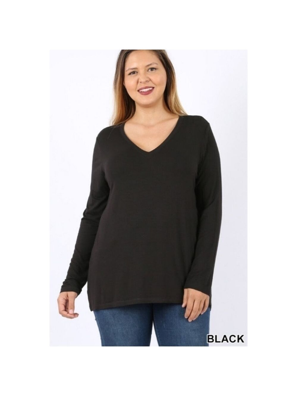ZENANA Long Sleeve V Neck Top Black Size Large NWT